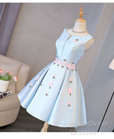 Cute Blue Satin Short Homecoming Dress Party Dress, Blue Semi Formal Prom Dress With Flowers